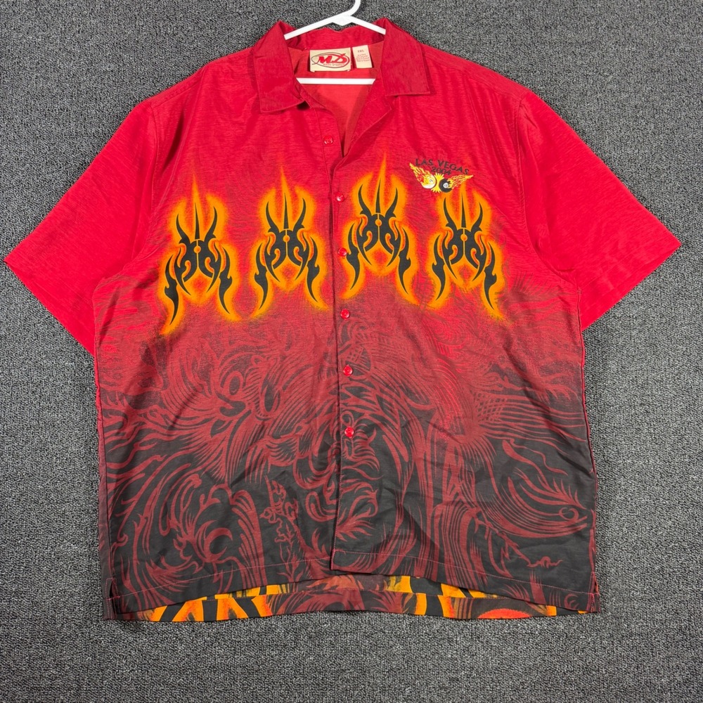 Vintage AOP Tribal Flames Hawaiian Camp Shirt Mens 2XL Dragon 2004 Las Vegas Y2K